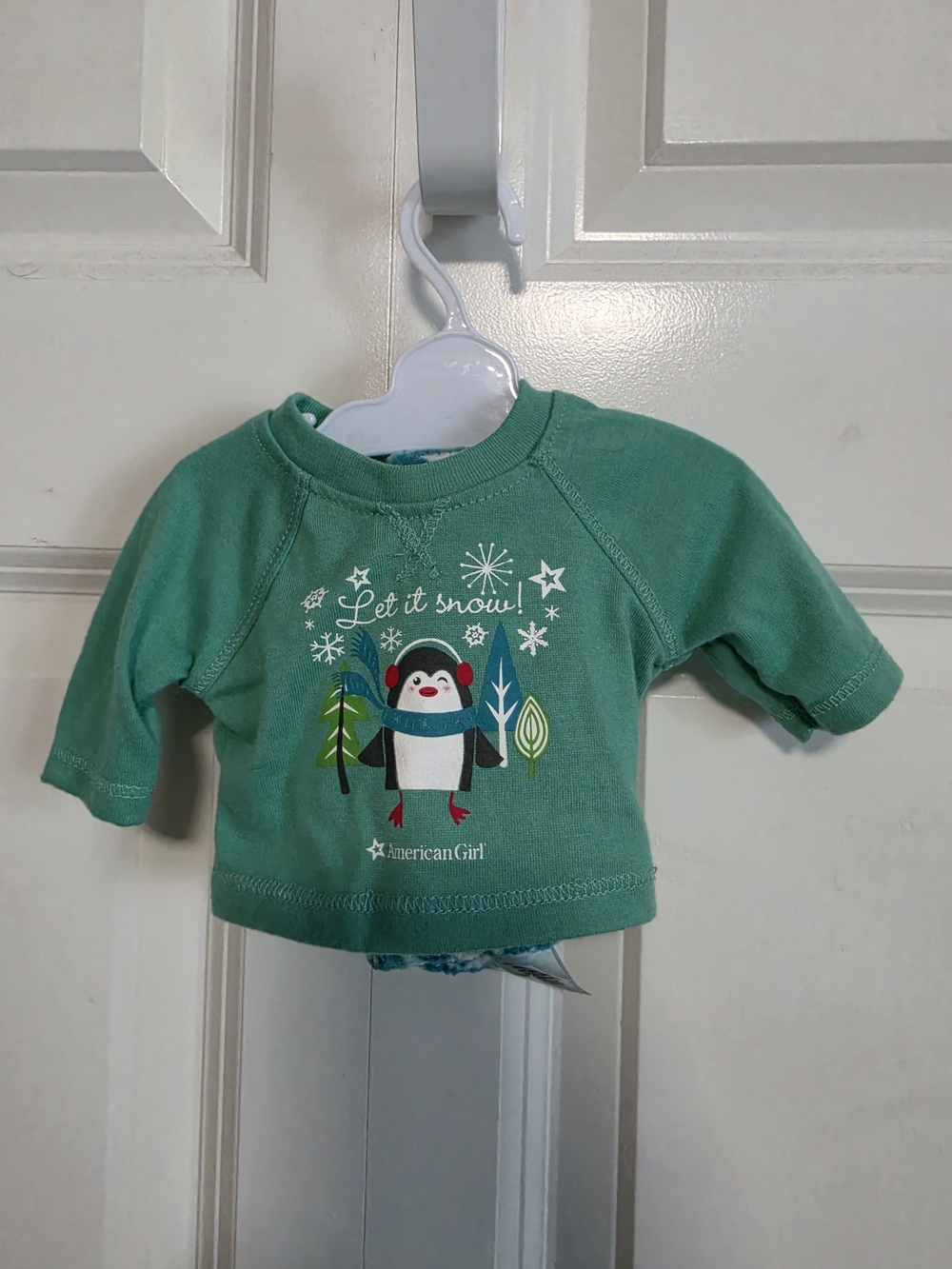 American Girl Green Let It Snow Penguin Top and pants pj pajama set 18in doll